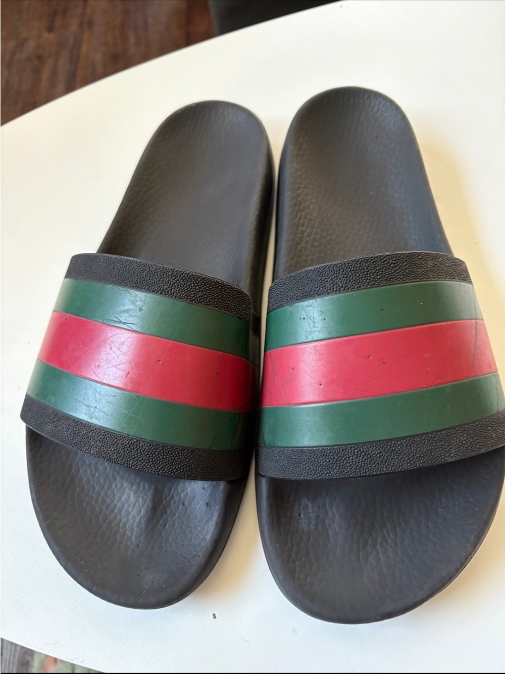 Black Slide Sandals with Red & Green Stripes